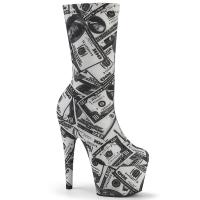 ADORE-1002DP Pleaser vegan platform pull-on stretch ankle bootie dollar print black white fabric