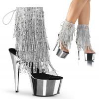 ADORE-1017RSF Pleaser high heels chrome platform open toe ankle boot silver fringes