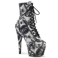 Sale ADORE-1020DP Pleaser vegan laye-up front ankle boot dollar print white black fabric 40