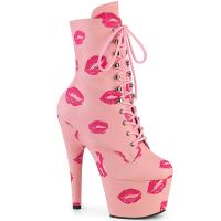 ADORE-1020KISSES Pleaser high heels ankle bott red lips print upper baby pink matte