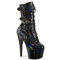 Sale ADORE-1046 Pleaser lac-up ankle boot quadrple cone-studded buckle straps black holo patent 38