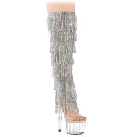 ADORE-3019C-RSF Pleaser Peep Toe Strass Fransen Plateauoverkneestiefel klar silber