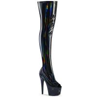 BEJEWELED-3011-7 Pleaser peep toe thigh high heels platform boot rhinestones midnight black holo patent