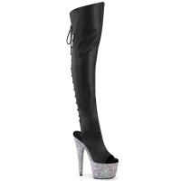 BEJEWELED-3019MS-7 Pleaser Peep Toe Plateauoverkneestiefel AB Strass schwarz Matt