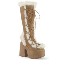 CAMEL-311 DemoniaCult High-Heels Plateaustiefel camel Velours mit Kunstfellbesatz