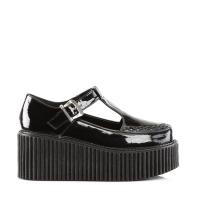 Sale CREEPER-214 DemoniaCult platform t-strap shoe black patent side cutout design 38