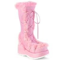 CUBBY-311 DemoniaCult vegane Damen Schnür Plateaustiefel Fellbesatz babypink Lederoptik