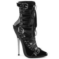 DAGGER-1032 Devious vegan high heels ankle boot ribbon lace o-ring black patent