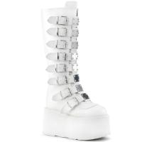 DAMNED-318 DemoniaCult platform knee high boot white matte 8 buckle straps metal plates