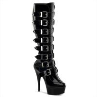 DELIGHT-2049 Pleaser High Heels platform knee boot black patent 6 buckles