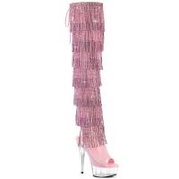 DELIGHT-3017HG-RSF Pleaser platform peep toe thigh high boot rhinestones fringes baby pink holo