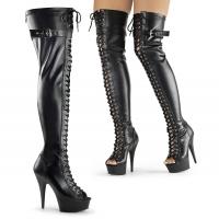 DELIGHT-3025 Pleaser peep toe lace-up thigh high boot buckle straps black stretch matte