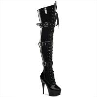 DELIGHT-3028 Pleaser High Heels platform thigh high boot triple buckles black patent