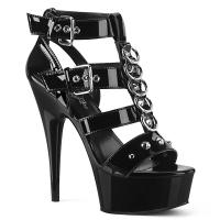 DELIGHT-658 Pleaser High-Heels Plateausandaletten schwarz Lack T-Riemchen Metallringe