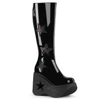 DYNAMITE-218 DemoniaCult star cutout platform wedge kne high boot glitterstars black patent