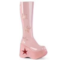 DYNAMITE-218 DemoniaCult star cutout platform wedge knee high boot glitterstars baby pink patent