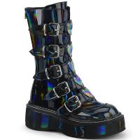 EMILY-330 DemoniaCult mid-calf boot featuring 5 buckle straps black hologram