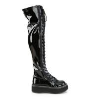 Sale EMILY-375 DemoniaCult platform tigh high lace-up boots black stretch patent 37