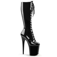 FLAMINGO-2023 Pleaser High-Heels Plateau Stiefel schwarz Stretchlack Schnürung vorn