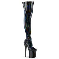 FLAMINGO-3000HWR Pleaser platform stretch thigh high heels boot black stretch holo patent