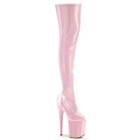 FLAMINGO-3000HWR Pleaser platform stretch thigh high heels boot baby pink stretch holo patent