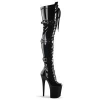 FLAMINGO-3028 Pleaser high heels thigh high boot triple buckles black stretch patent