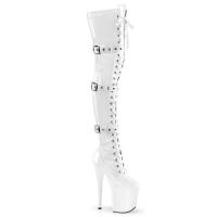 FLAMINGO-3028 Pleaser high heels thigh high boot triple buckles white stretch patent