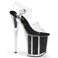 FLAMINGO-808G Pleaser High-Heels Plateau Sandaletten klar schwarz Glittereinsätze