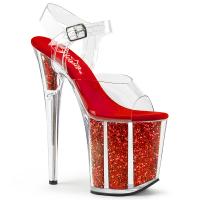 FLAMINGO-808G Pleaser High-Heels Plateau Sandaletten klar rote Glittereinsätze