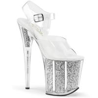 FLAMINGO-808G Pleaser High-Heels Plateau Sandaletten klar silber Glittereinsätze