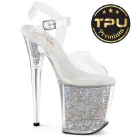 FLAMINGO-808PREM-RSI Pleaser Pole Dance Plateausandaletten klar silber AB Strass TPU