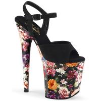FLAMINGO-809WR Pleaser high heels ankle strap sandal black suede flower print wrapped