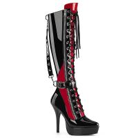 INDULGE-2028 Devious knee high heels boot ankle cuff contrast upper black red patent