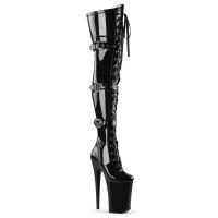 Sale INFINITY-3028 Pleaser high heels thigh high boot triple buckles black stretch patent 35