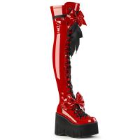 KERA-303 DemoniaCult Damen High Heels Schleifen Keil-Plateauoverkneestiefel rot Lack