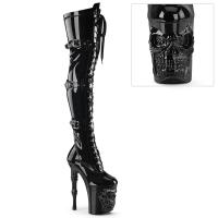 RAPTURE-3028 Pleaser skull bones vegan stretch ribbon lace-up thigh high boot black patent