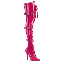 SEDUCE-3028 Pleaser High-Heels Overkneestiefel Schnürung drei Riemchen hotpink Lack