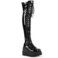 Sale SHAKER-374 DemoniaCult wedge platform high heels stretch thigh high boot black patent 40