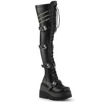 SHAKER-420 DemoniaCult vegan wedge lace-up thigh high boot skull buckle black stretch matte