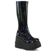 Sale SHAKER-65 DemoniaCult vegan wedge platform knee high boot black holo stretch patent 37