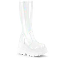 SHAKER-65 DemoniaCult vegan wedge platform knee high boot white holo stretch patent