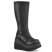 Sale SHAKER-65WC Kniehohe vegane Damen Keil Plateaustiefel schwarz Stretch Lederoptik 37