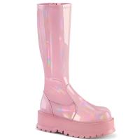 Sale SLACKER-200 DemoniaCult vegan stretch knee high boot baby pink holo patent 36