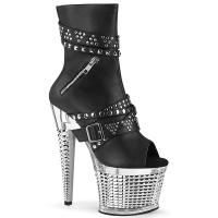 SPECTATOR-1015 Pleaser peep toe ankle boot zip pocket black matte clear silver chrome