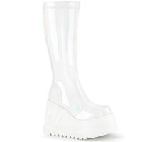 Sale STOMP-200 DemoniaCult vegan ladies high heels stretch knee high boot white hologram 40