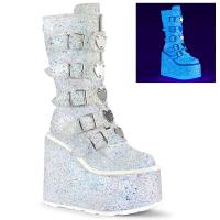 SWING-230G DemoniaCult wedge platform knee boots 10 buckles white multi glitter