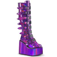 SWING-815 DemoniaCult wedge platform boots purple holographic patent 16 buckles