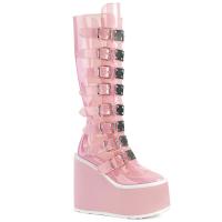 SWING-815C DemoniaCult vegane Damen Keilplateau Stiefel babypink getönt 16 Schnallen