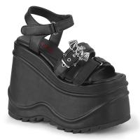 WAVE-13 DemoniaCult wedge platform ankle strap sandal black matte bat buckle