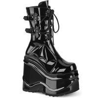 Sale WAVE-150 DemoniaCult Damen wadenhohe Keil-Plateaustiefel Fledermaus schwarz Lack 38